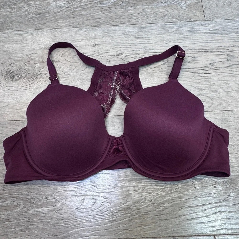 Soma Embraceable Racerback Bra 38C Plum Burgundy Lace T-Back Underwire Contour